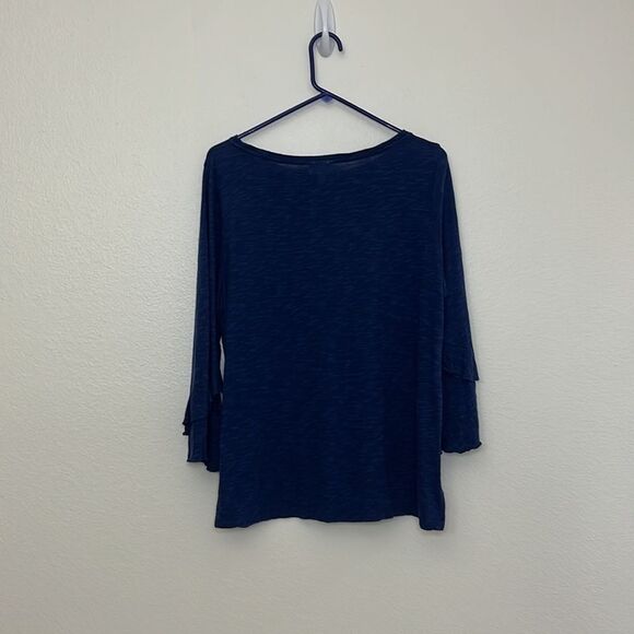J Jill Ruffle Sleeve Top Linen Cotton Blend Blue Sz Large - Picture 9 of 10